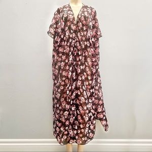 FOREVER 21 Black with Rose print Chiffon maxi robe cover up open front